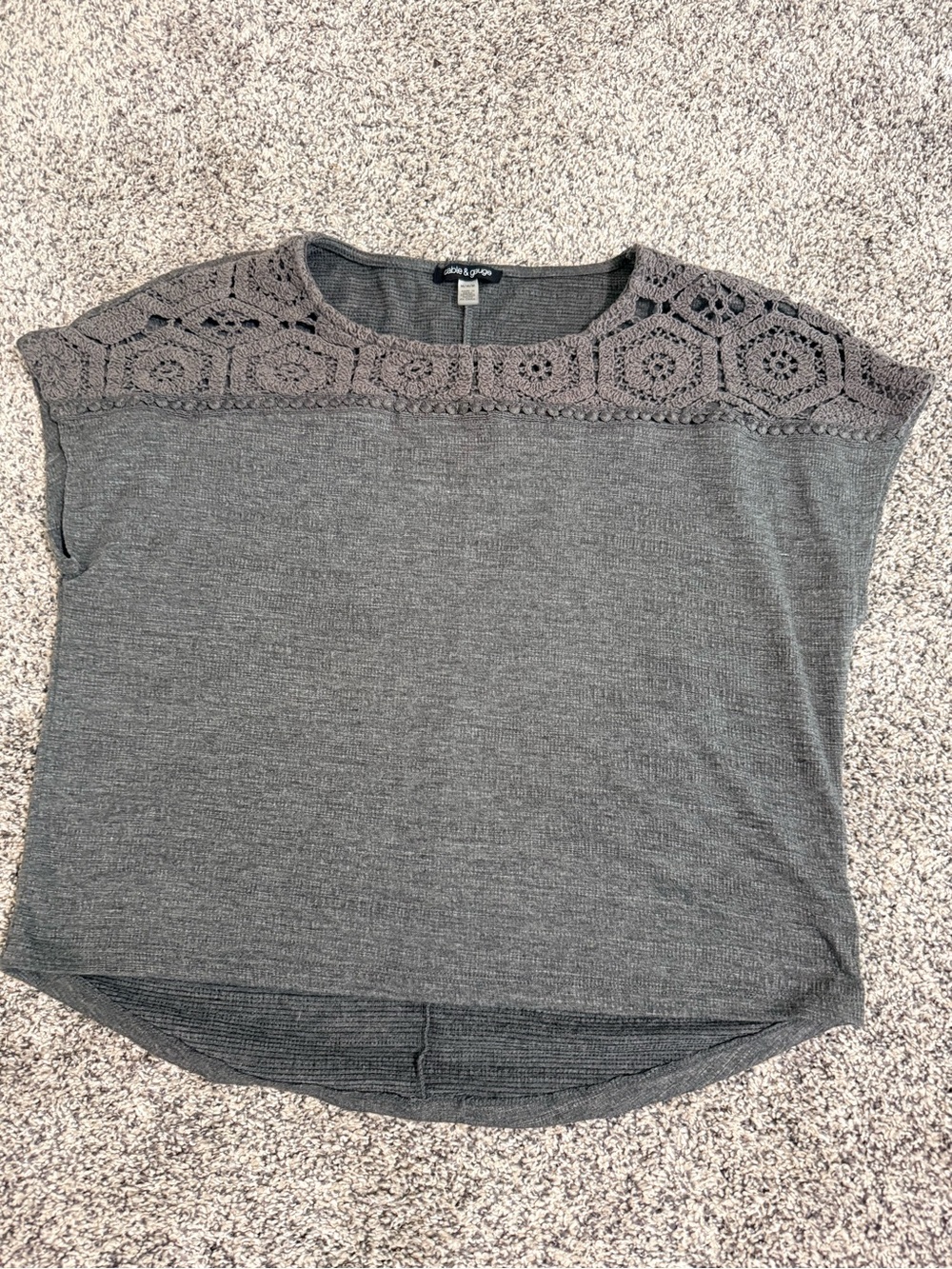 Cable & Gauge Gray Crochet Yoke Short Sleeve Top